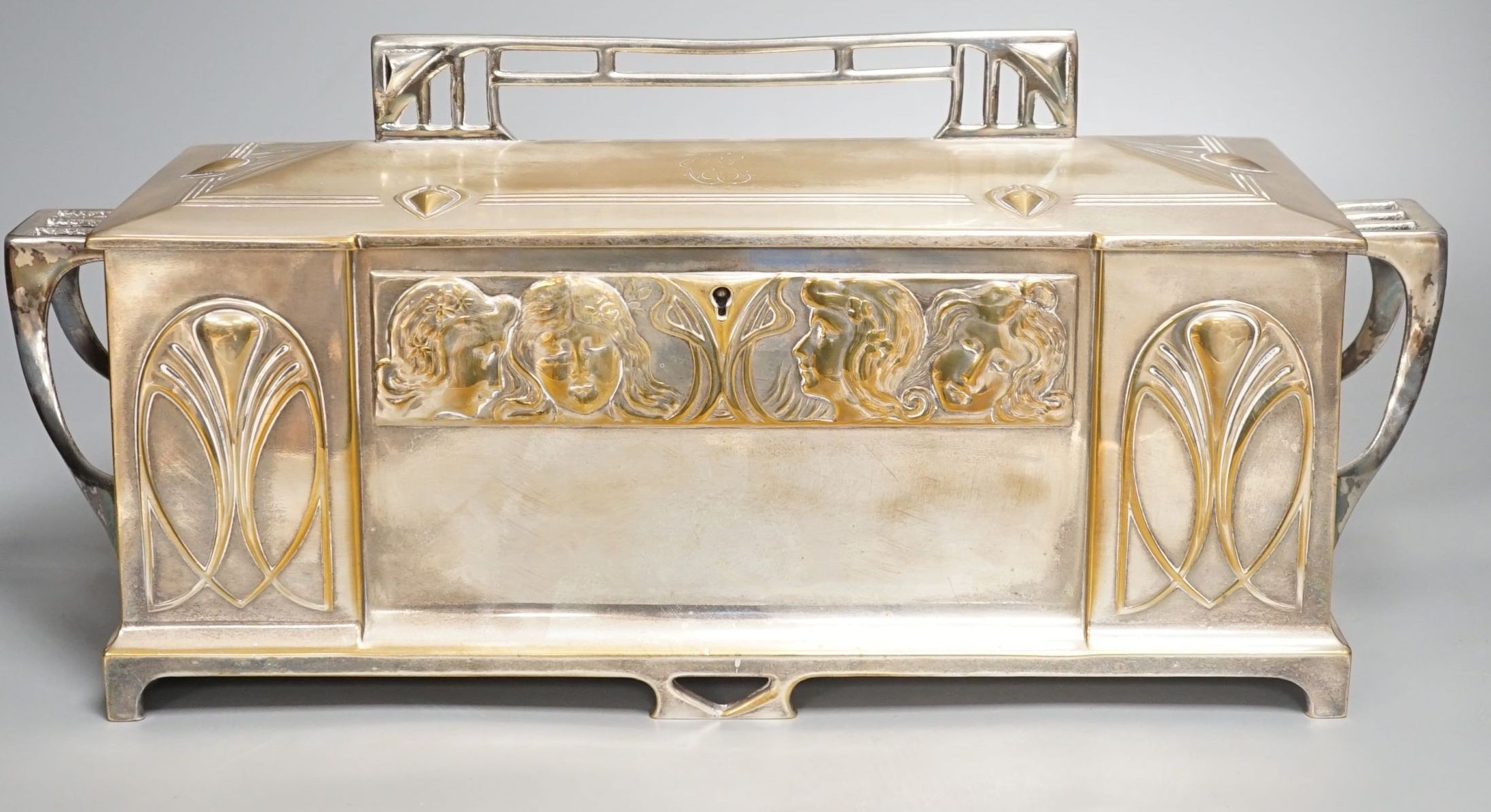 A large WMF Jugendstil plated two handled casket- 42 cms wide.